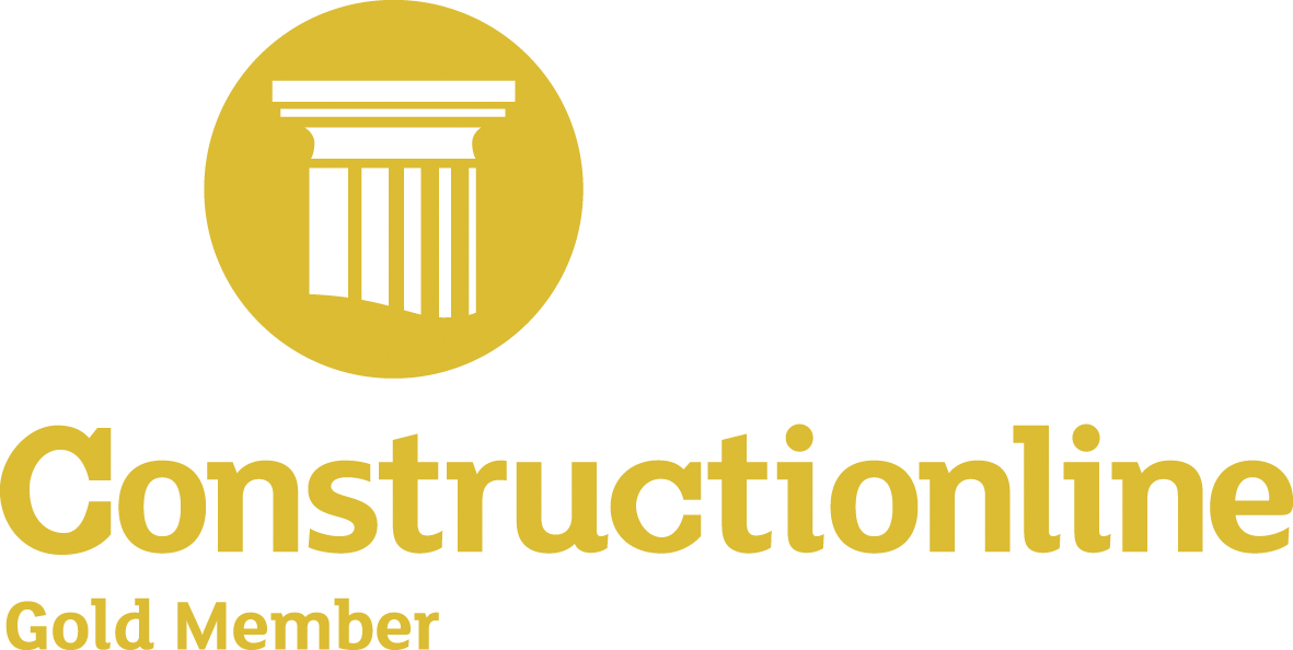 Gold-colored logo for Constructionline featuring a stylized column and the text 'Constructionline Gold Member.'