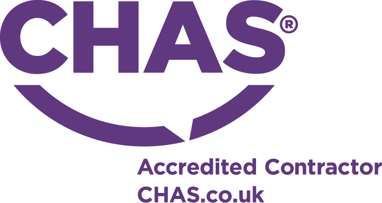 CHAS logo with purple text and a curved arrow underneath, with the words 'Accredited Contractor' and website 'CHAS.co.uk' below.