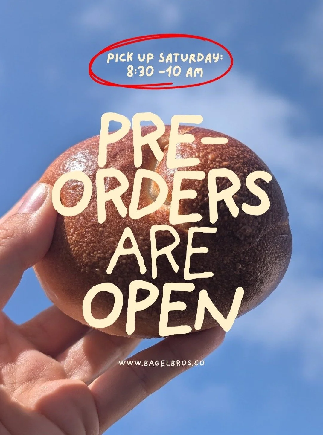 Pre-orders are open!! Time to go grab your bagels before they sell out!

Pre-orders are open from Wednesday until sold out or Friday morning at the latest!

Pickup at Bagel Bro's HQ on Saturday mornings between 8:30-10AM

ps. did anyone notice we got