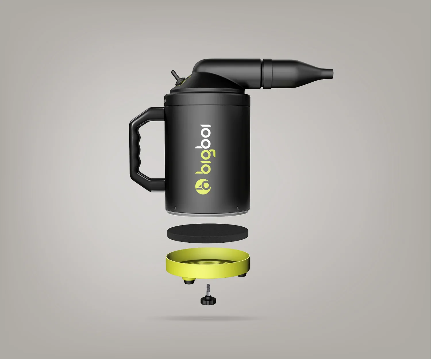 Uitgewerkt beeld van een Black+Decker koffiezetapparaat in gedeeltes, met onderdelen zoals de bovenkant, bodem, en een schroef, weergegeven zonder complete montage.
