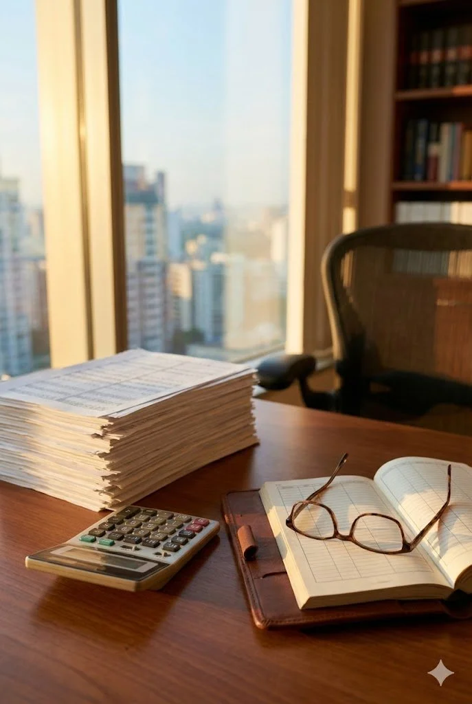 Office desk with a large stack of papers, an open notebook with glasses resting on it, a calculator, and a pen. Background features a city skyline view through tall windows.