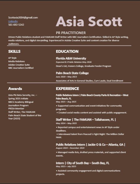 A digital resume of Asia Scott, a PR practitioner. It includes contact info, skills like media relations and Adobe Creative Suite, education at Florida A&M University and Palm Beach State College, and experience as a Public Relations intern and staff writer.