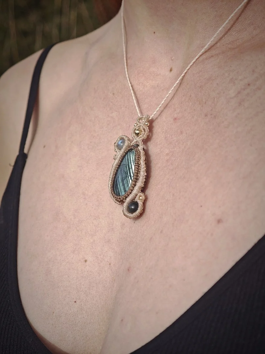 Collier Micromacramé Labradorite Obsidienne Aigue-Marine