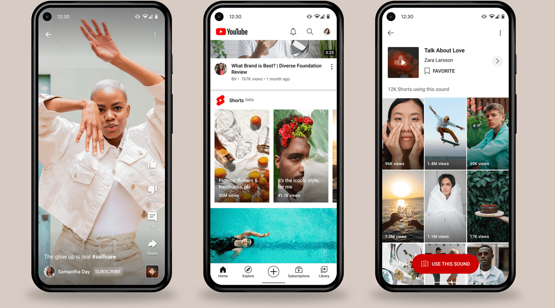 Three smartphones displaying various screens of a YouTube app. The first phone shows a gender-neutral person in a beige outfit posing for a selfie with a caption, 'The glow up is real #selfcare.' The second phone shows the YouTube home page with video thumbnails, including a review video and lifestyle clips. The third phone displays a playlist or video collection, featuring thumbnails of people, nature scenes, and a red button labeled 'USE THIS SOUND'.