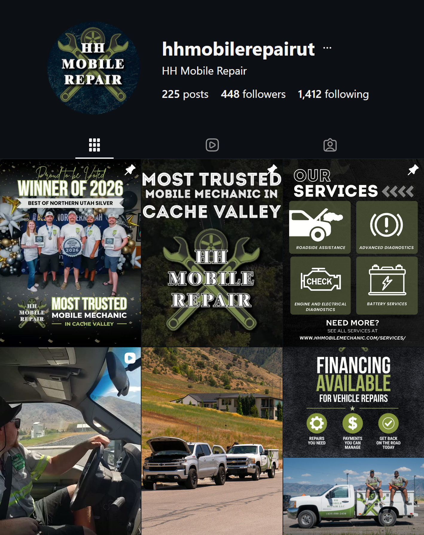Social media profile page for HH Mobile Repair, a mobile vehicle repair service, featuring banners about awards, services like roadside assistance and diagnostics, images of vehicles and technicians, and contact information.