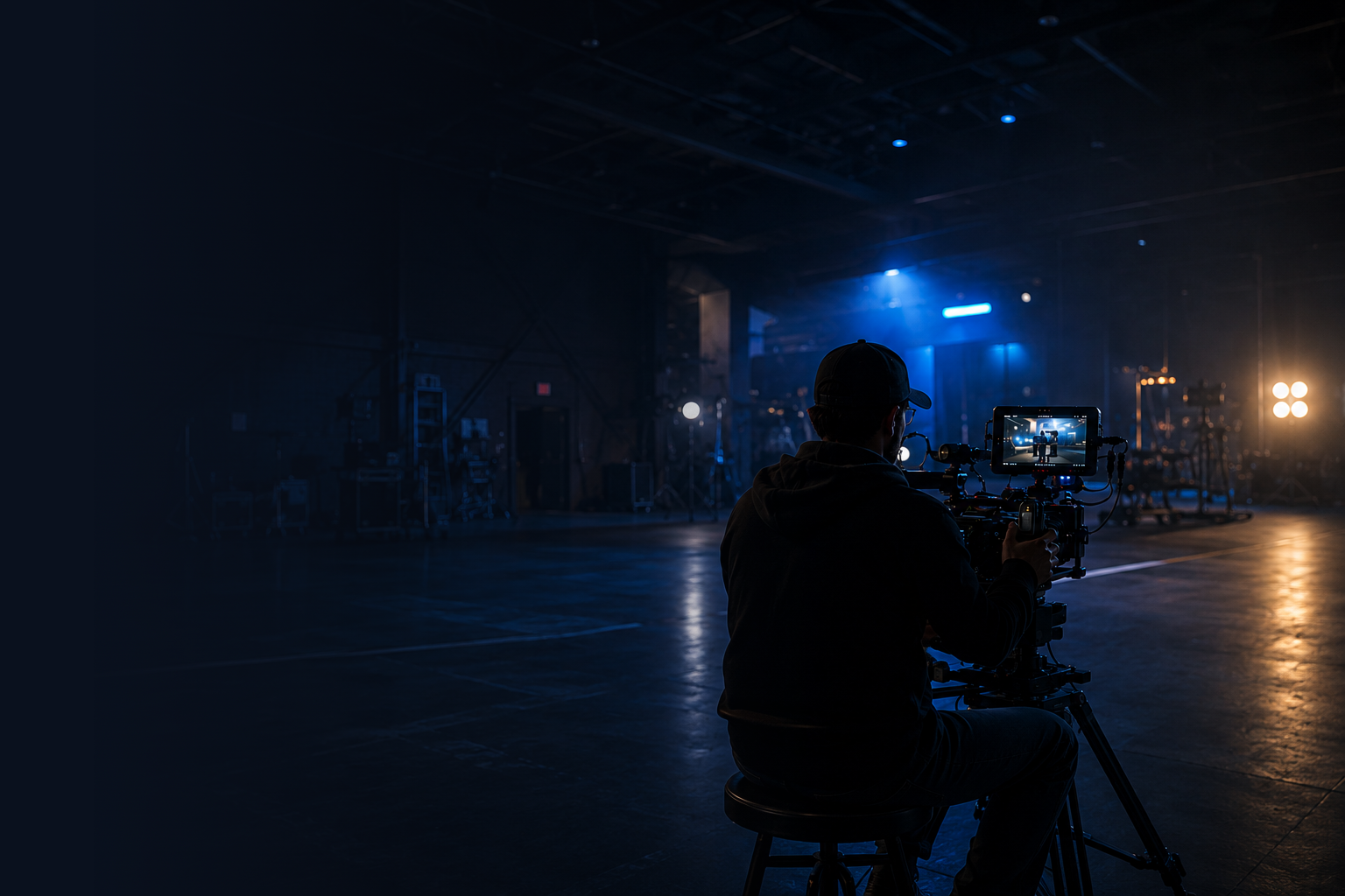 A person operating a camera in a dimly lit studio with stage lights and filming equipment.