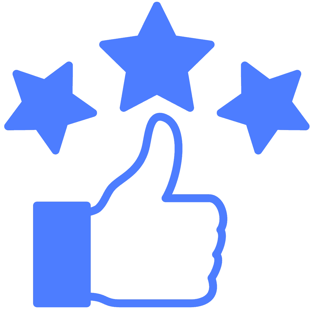 Blue outline of a hand giving a thumbs up with three blue stars above it.