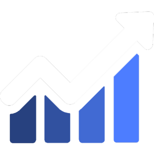 A white upward trending arrow overlaying a bar chart with blue bars on a black background.
