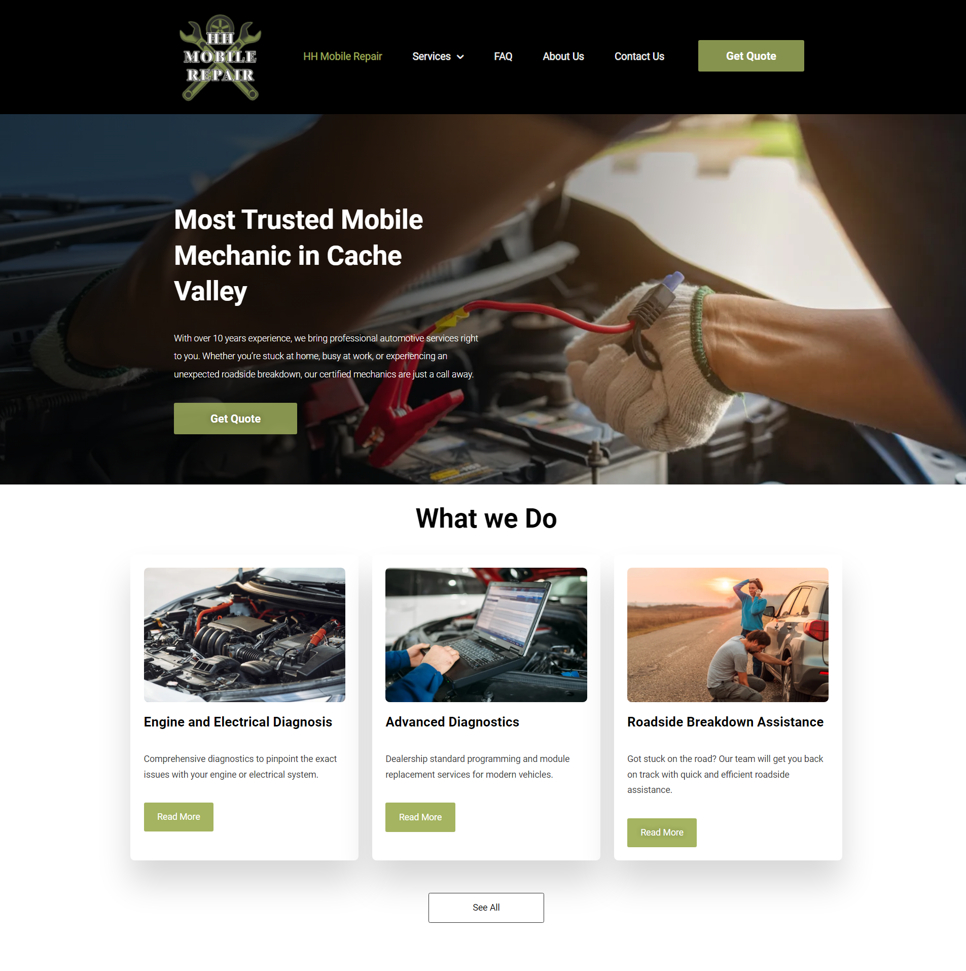 Screenshot of HH Mobile Repair website homepage showing a mechanic working on a car engine with diagnostic tools. The page has sections for engine diagnostics, advanced diagnostics, and roadside assistance.