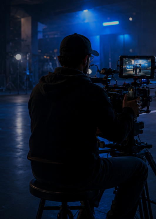A person operating a professional video camera on a tripod in a dimly lit studio with blue lighting.