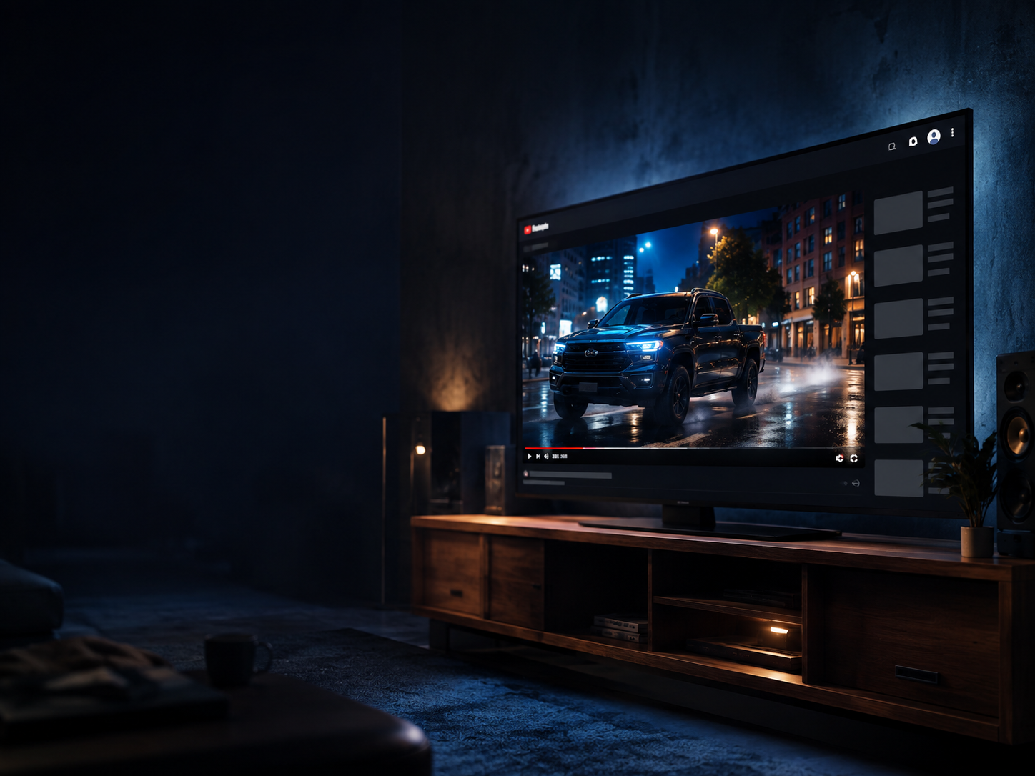 Living room with a large flat-screen TV displaying a dark city street scene with a black pickup truck, wooden TV stand, speaker, plant, and coffee mug.