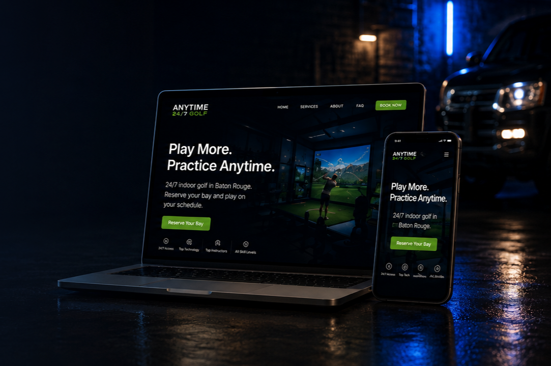Laptop and smartphone displaying a website for indoor golf in Baton Rouge with a green reservation button and images of a golf simulator.