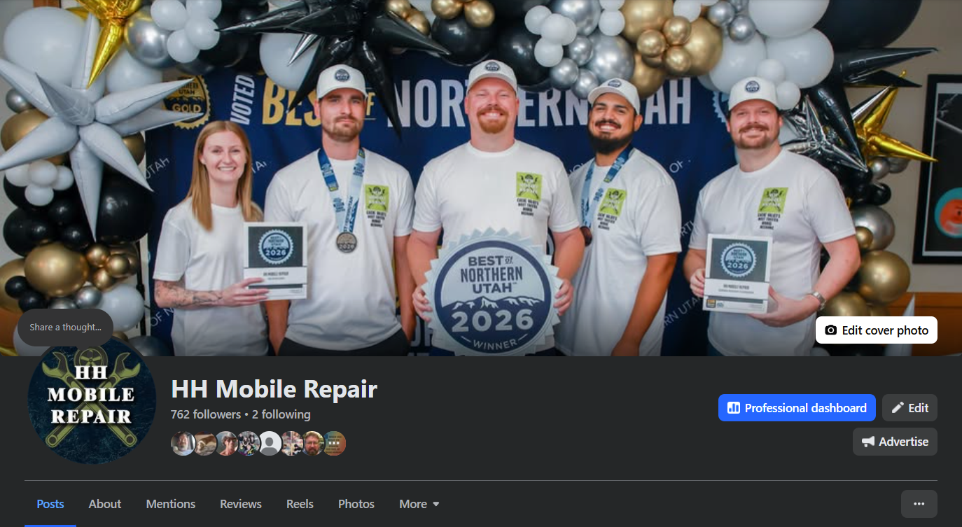 Group of five people in white shirts and caps standing in front of a decorated backdrop celebrating an award for best in northern Utah in 2026, with balloons and a blue banner.