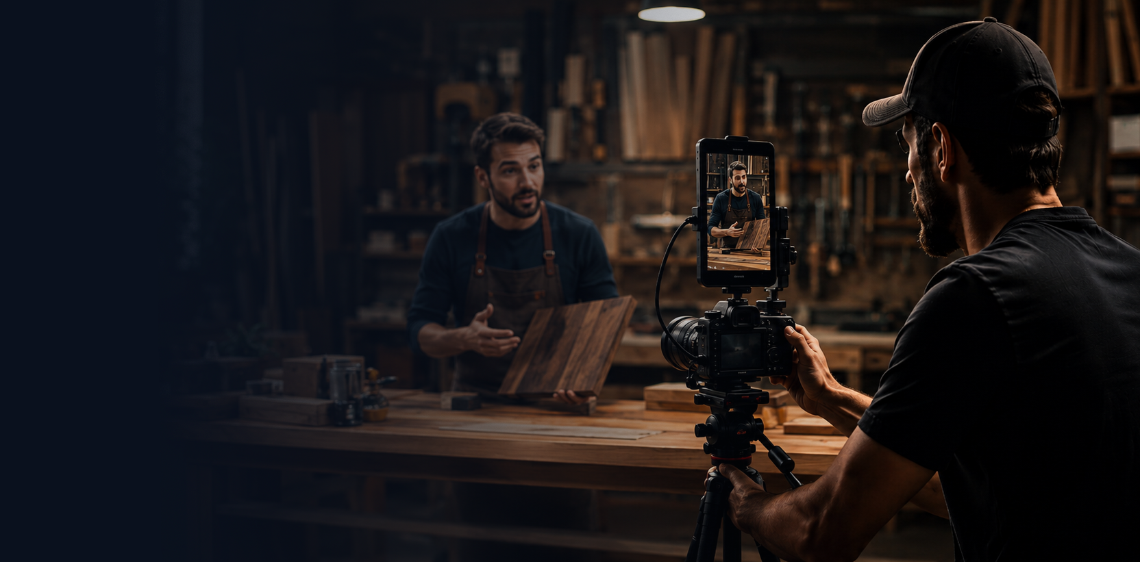 A man filming another man in a woodworking shop, with a camera on a tripod capturing the scene.