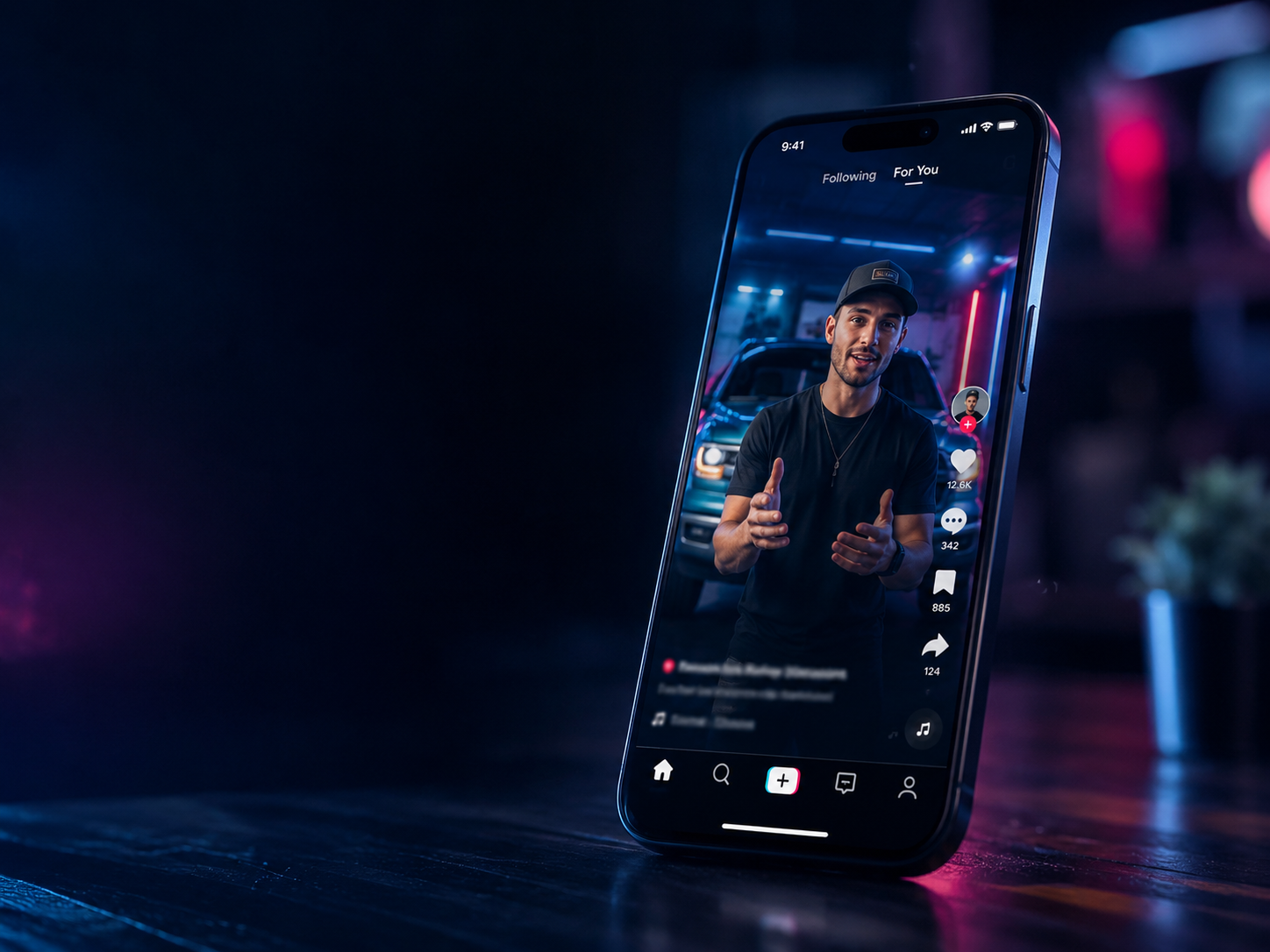 Smartphone displaying a TikTok video of a man in a black shirt and cap, gesturing with both hands, with a dark, neon-lit background.