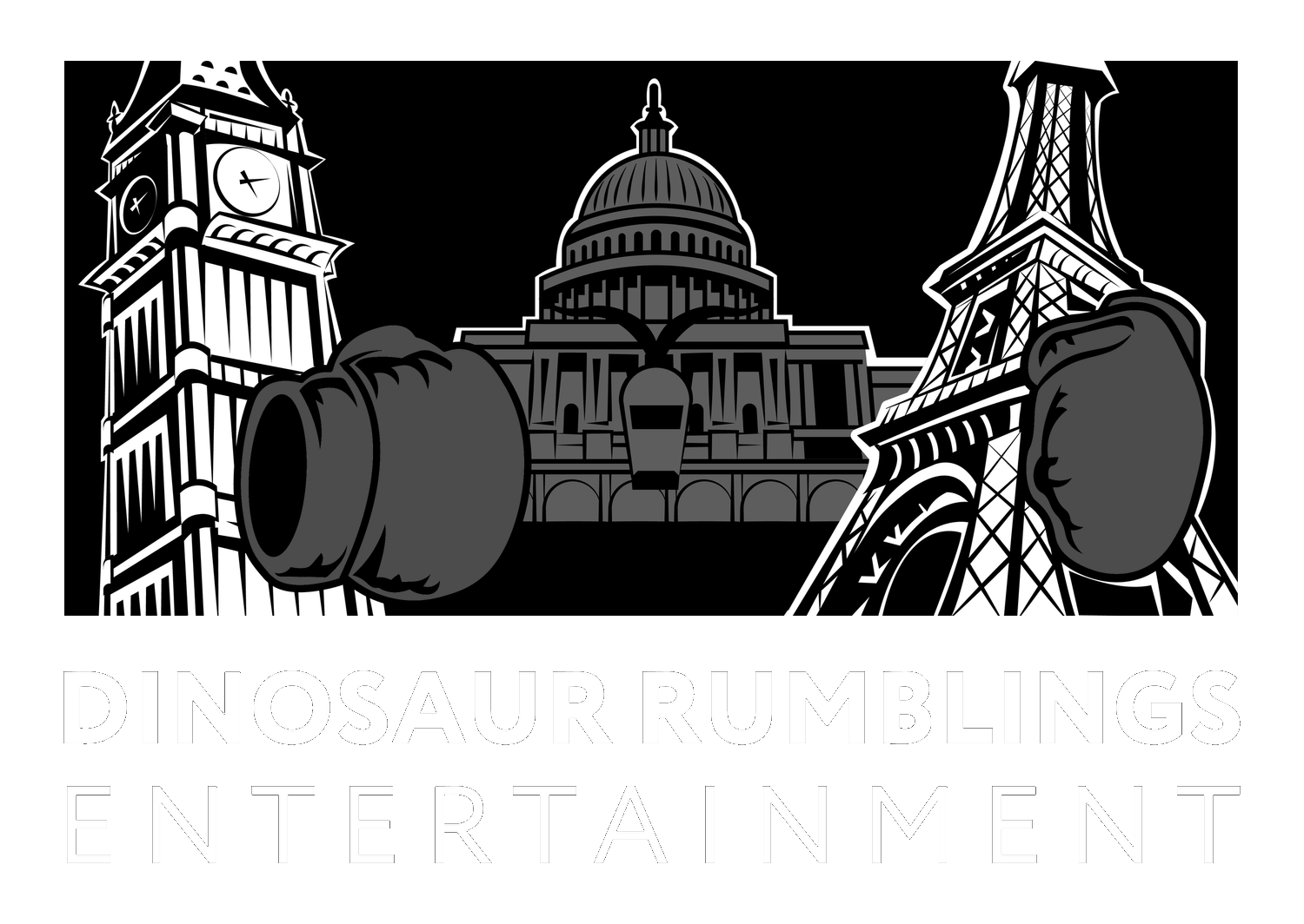 Black and white illustration of iconic landmarks including Big Ben, the U.S. Capitol, and the Eiffel Tower with boxing gloves in the foreground. Text reads "Dinosaur Rumblings Entertainment."