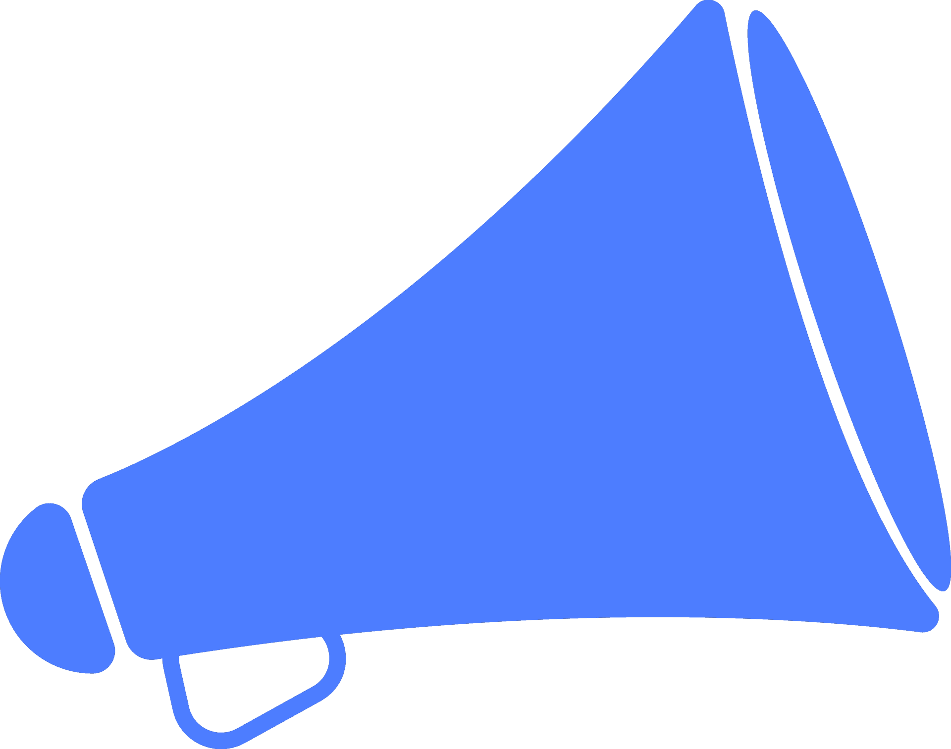 A blue silhouette of a megaphone with a black triangular shape above it.