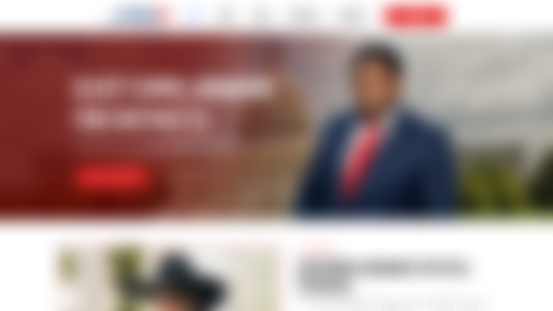 Blurred screenshot of a YouTube homepage featuring a person in a suit and tie standing outdoors, with a red and white background.