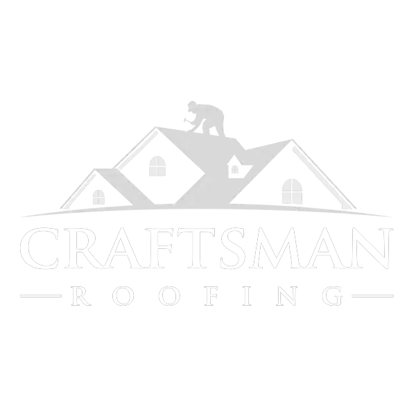 Logo for Craftsman Roofing featuring a roof with a chimney, three dormer windows, and a bear on top of the roof.