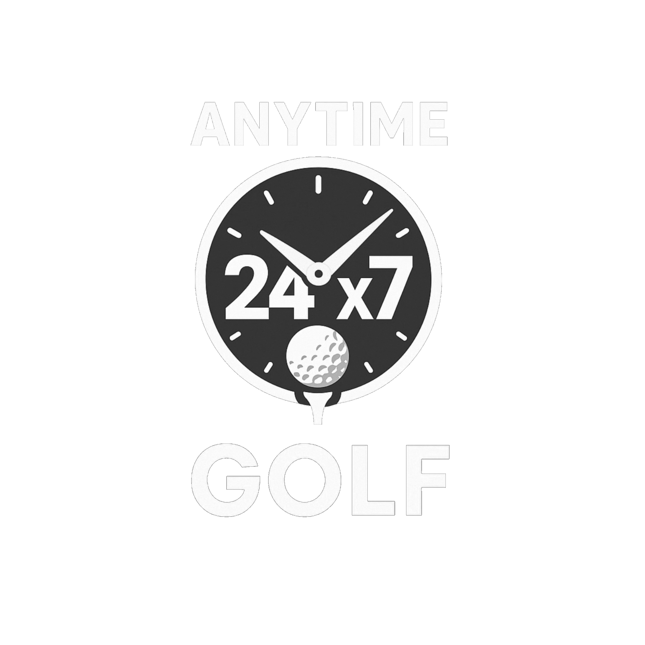 A clock displaying the time as 10:09 with an overlaid text that reads "ANYTIME" above the clock and "GOLF" below, on a dark background.