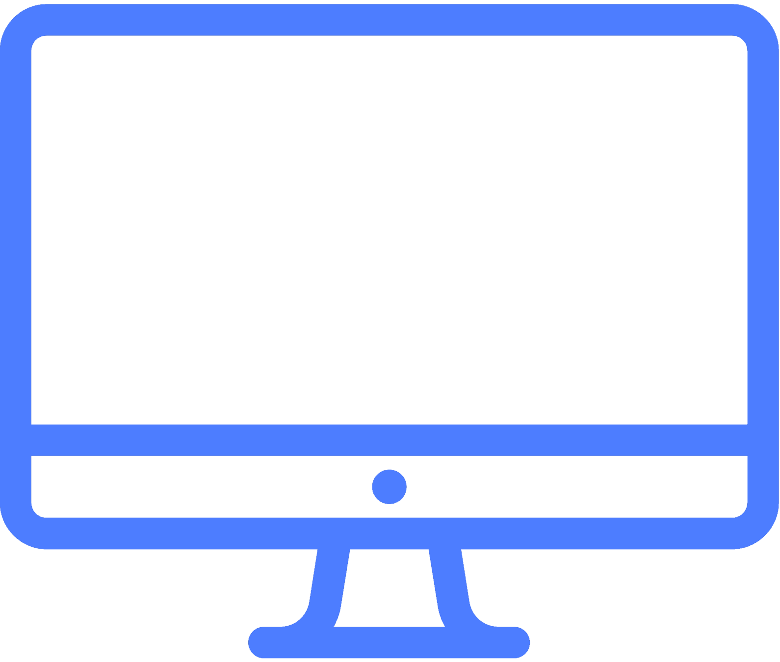 A stylized icon of a computer monitor with a stand, depicted in black and blue colors.