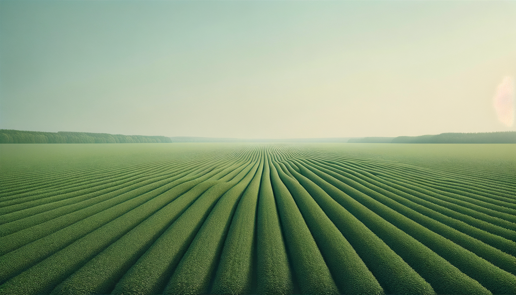 A vast green agricultural field with neat, parallel rows of crops extending to the horizon, under a clear sky.