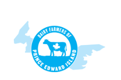 Logo of Dairy Farmers of Prince Edward Island, featuring a blue outline map of PEI with a circle containing a cow in the center, and the organization's name around it.
