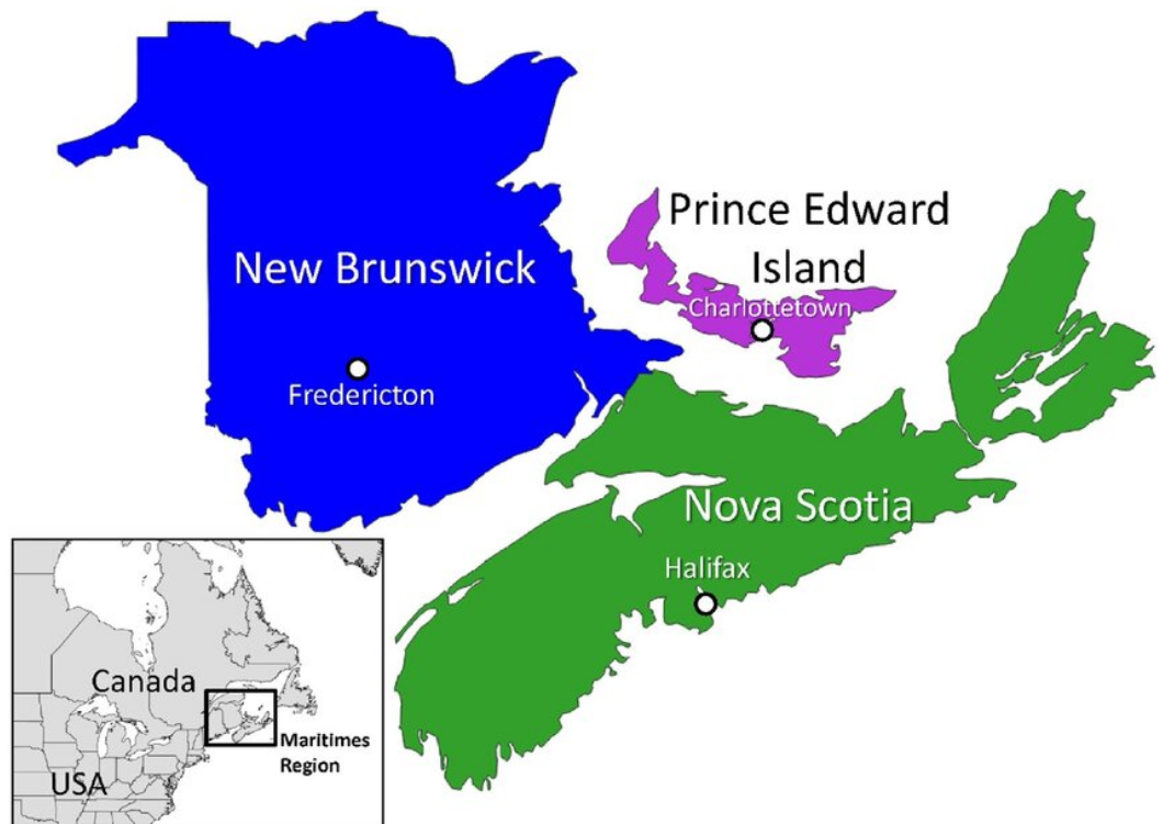 Map showing parts of Canada with labeled regions in different colors. Blue area labeled as New Brunswick with Fredericton, purple area labeled as Prince Edward Island with Charlottetown, and green area labeled as Nova Scotia with Halifax. An inset map of North America highlights the Maritimes region in Canada.