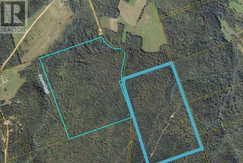 Map showing two outlined areas of wooded land with surrounding roads and fields.
