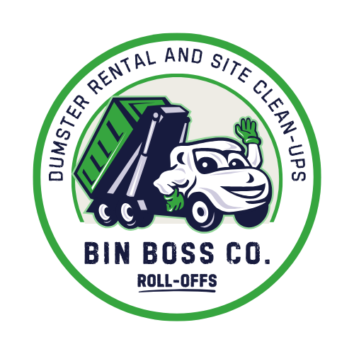 Logo for Bin Boss Co. featuring a cartoon garbage truck with a smiling face, waving, and green gloves, surrounded by a green and white circular border with text about site cleanup and roll-offs.