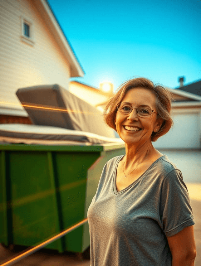 A smiling woman with glasses and short hair, standing outdoors in front of a green dumpster, with houses and a blue sky in the background.
