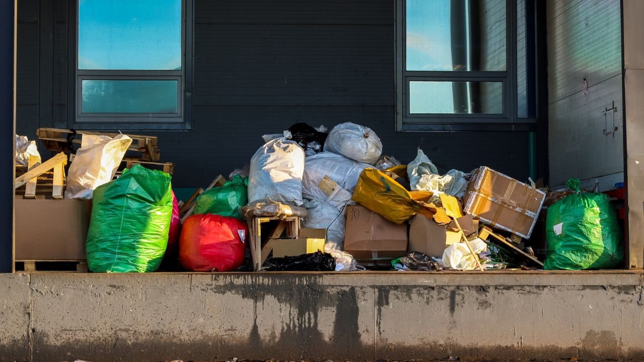 Pile of garbage and cardboard boxes on a porch or platform in front of a house with dark walls and windows.