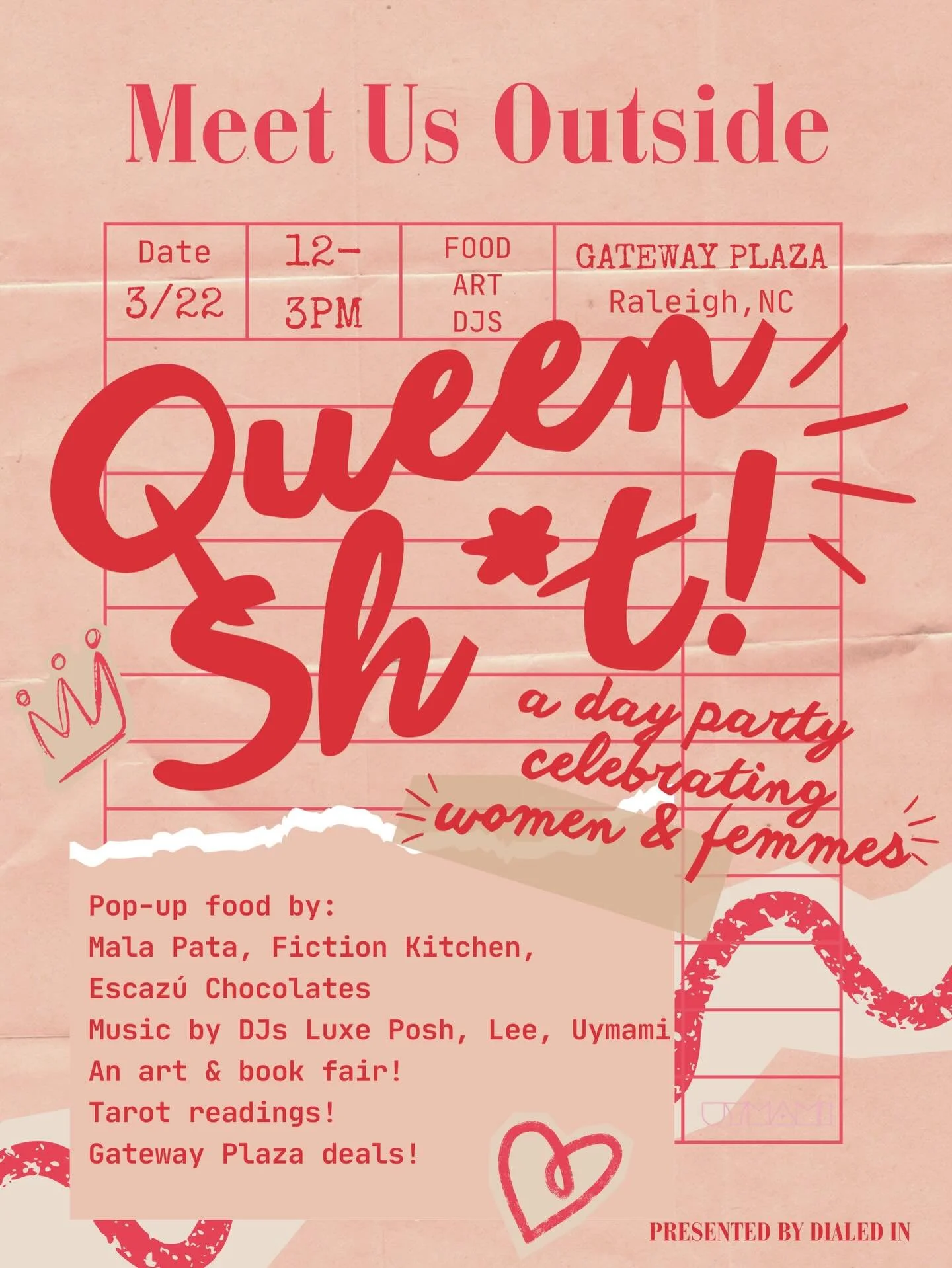 DIALED IN presents QUEEN SH*T, a day party celebrating women and femmes 🥳
Sunday, March 22
12-3pm
@gatewayplazaraleigh
Featuring music, art and mini food pop-ups taking over the alley! Bites from the women behind @malapata.molino, @thefictionkitchen