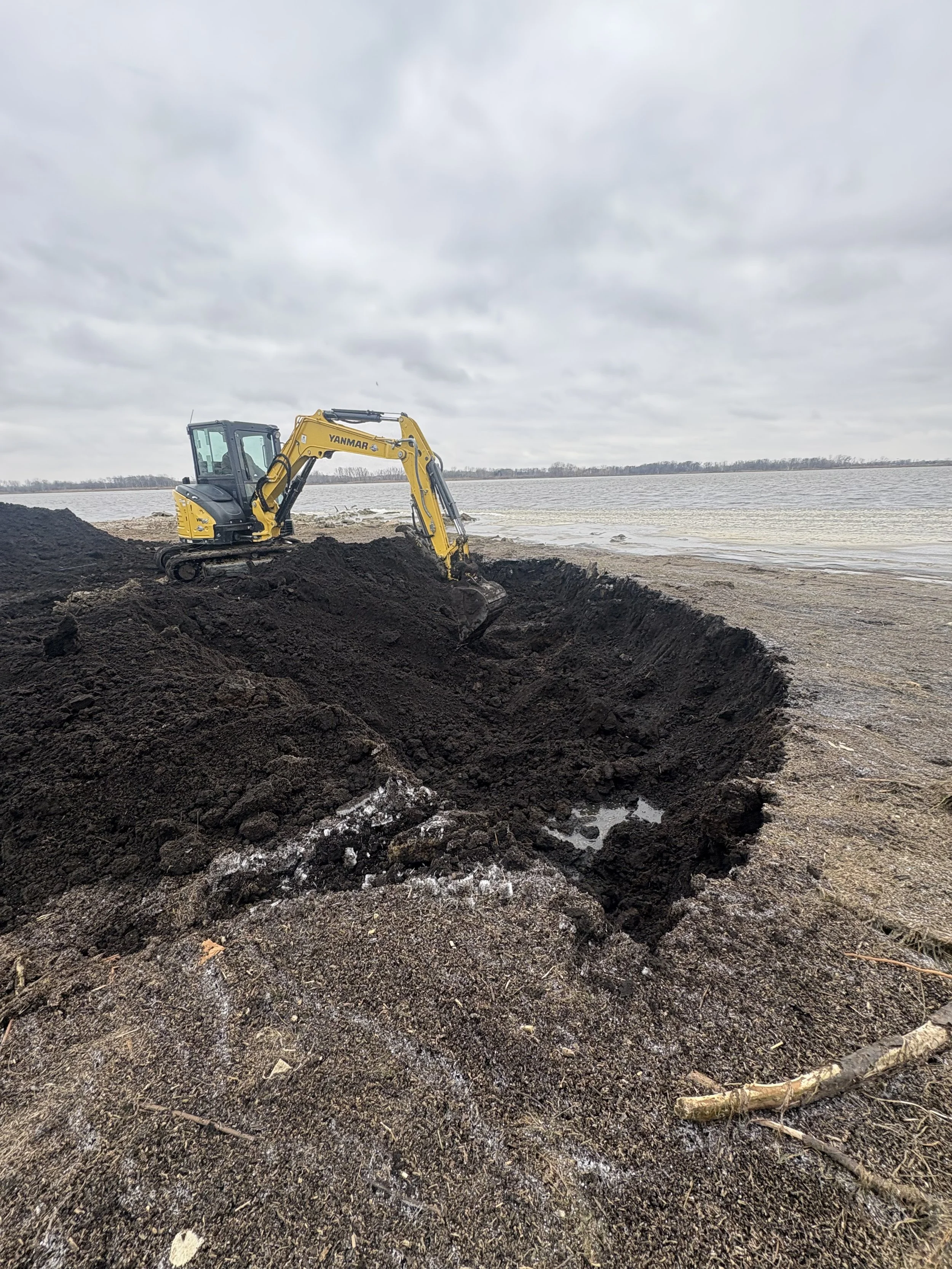 Small yellow excavator digging a hole on a lakeshore on a cloudy day.