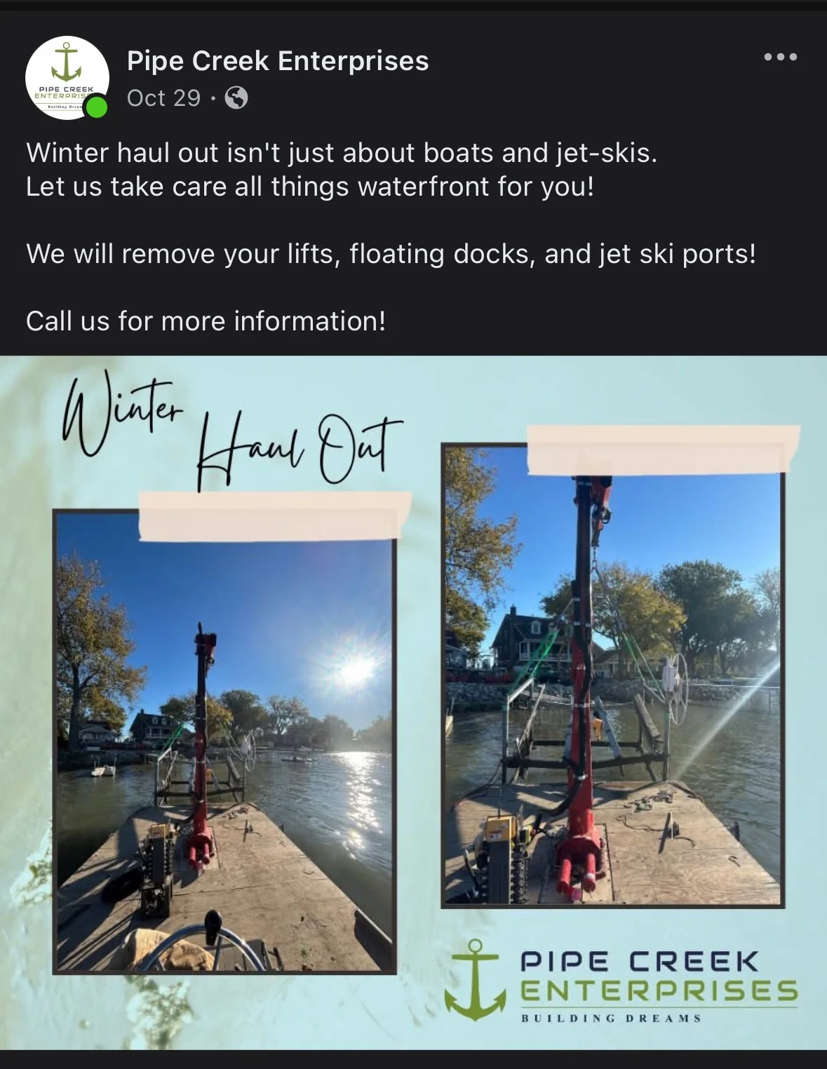 Follow Pipe Creek Enterprises on social media