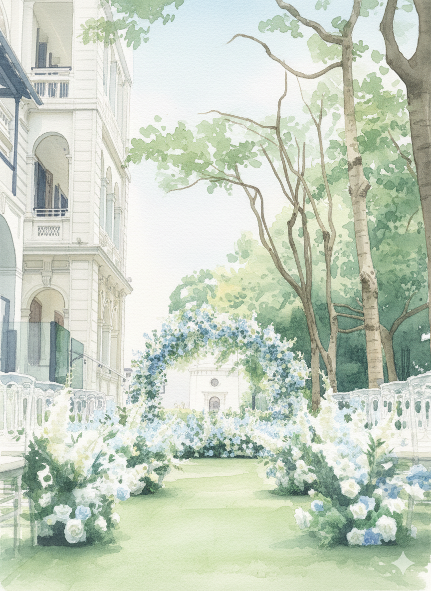 A watercolor painting of an outdoor garden scene with a pathway, white and blue flowers, and trees, in front of a white building with balconies.