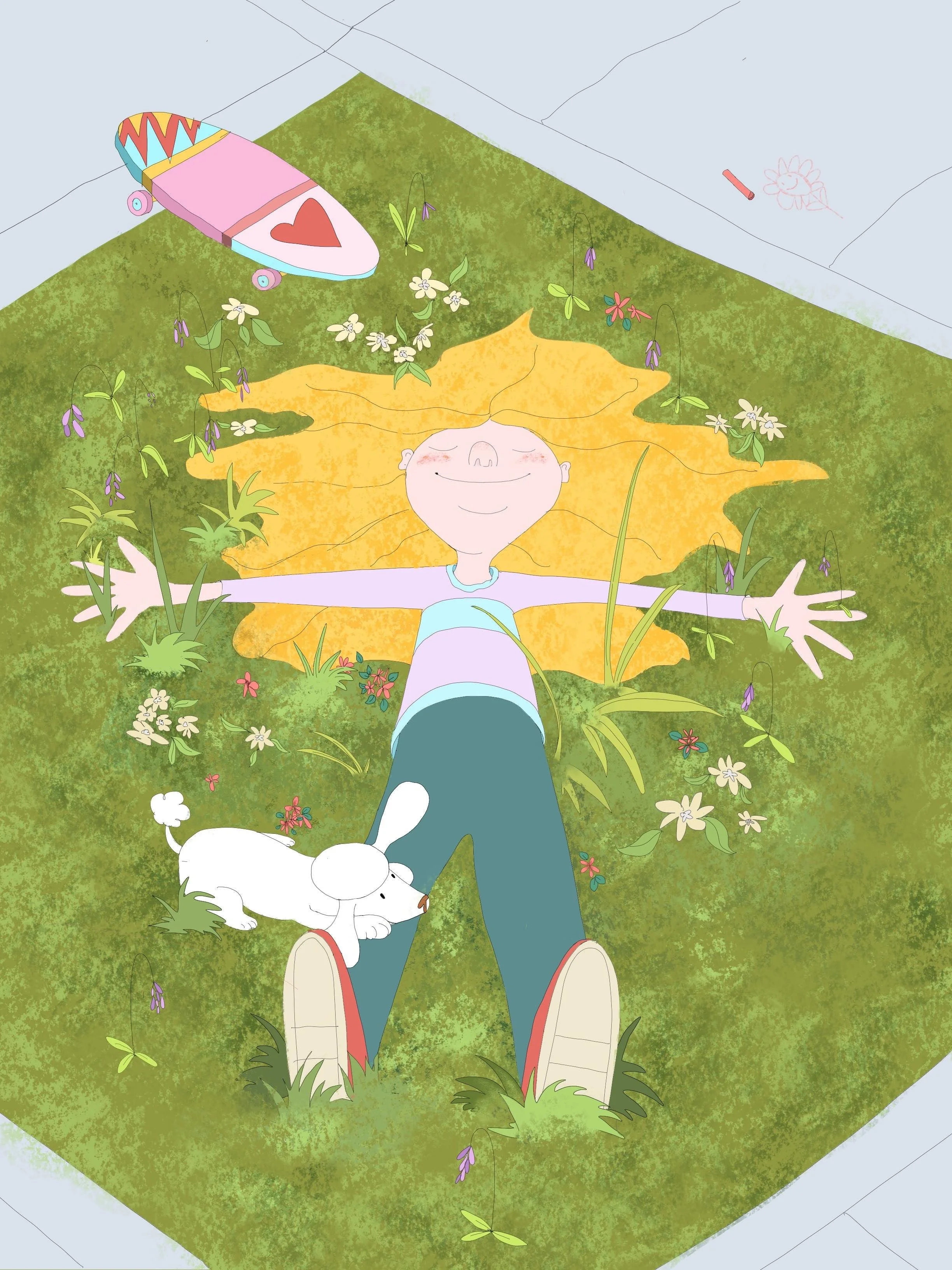 A person with long yellow hair lying on a grassy area with their arms and legs spread out, smiling with eyes closed, surrounded by flowers and small plants. A white dog is lying next to their feet. There is a colorful skateboard with a heart on the tail in the corner, and a small insect on the wall.