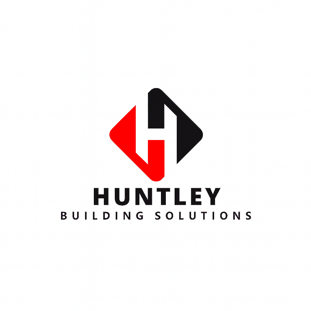 Huntley Building Solutions logo with a stylized 'H' and name in black and red colors.