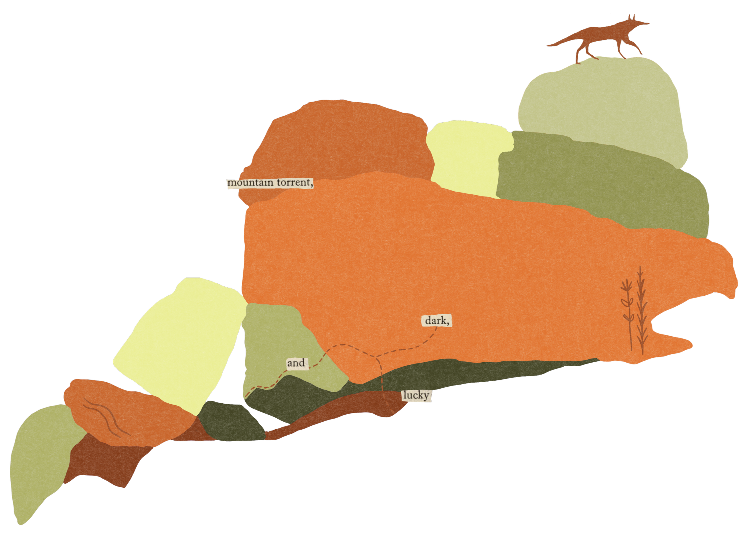 Illustration of colorful rocks with words: "mountain torrent," "dark," "and," and "lucky," along with a small fox silhouette on top of a rock.