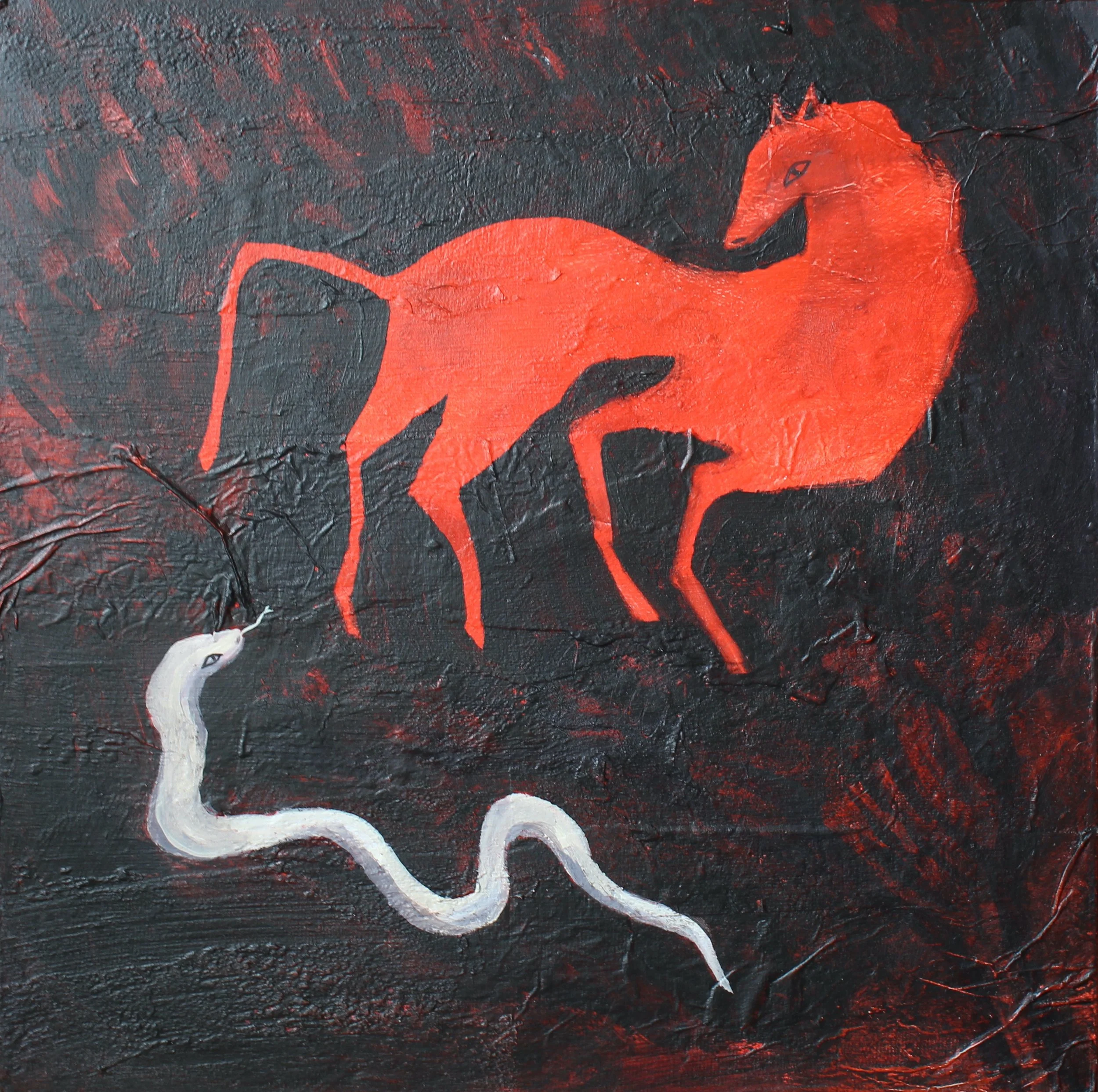 a stylised orange horse and white snake have a stand off, painted in acrylic with a dark background