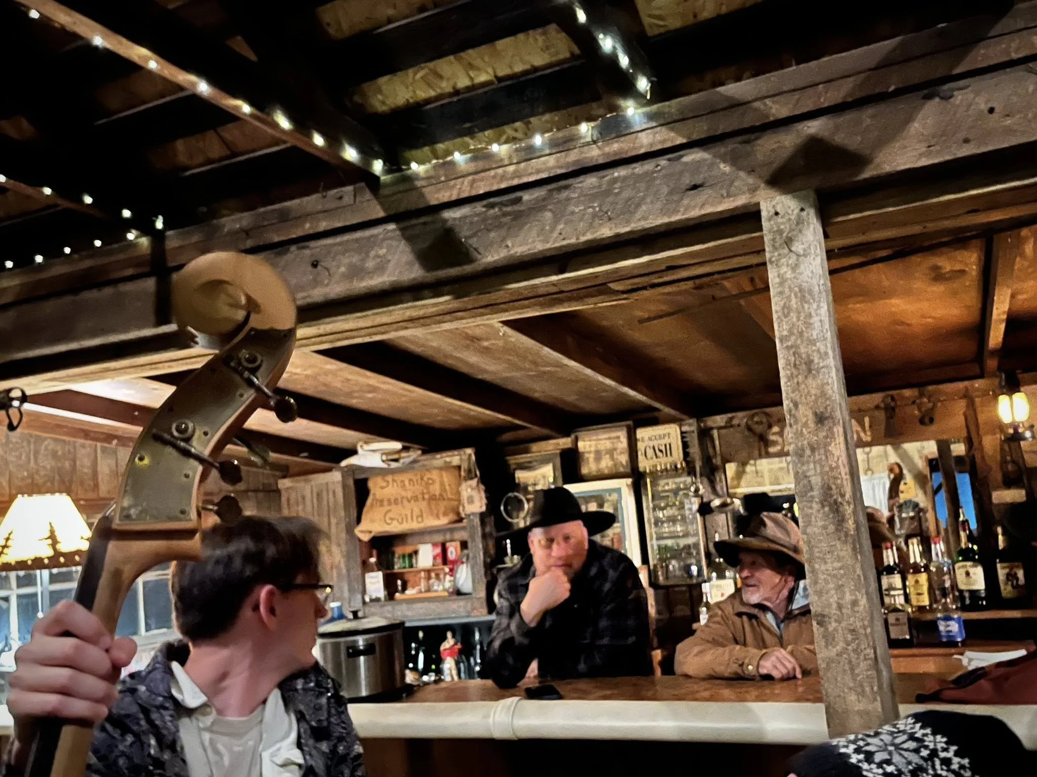 Three men in a rustic bar, one playing the double bass, another wearing a hat with a beard, and the third with a thoughtful expression, all surrounded by wooden walls and bottles of alcohol.