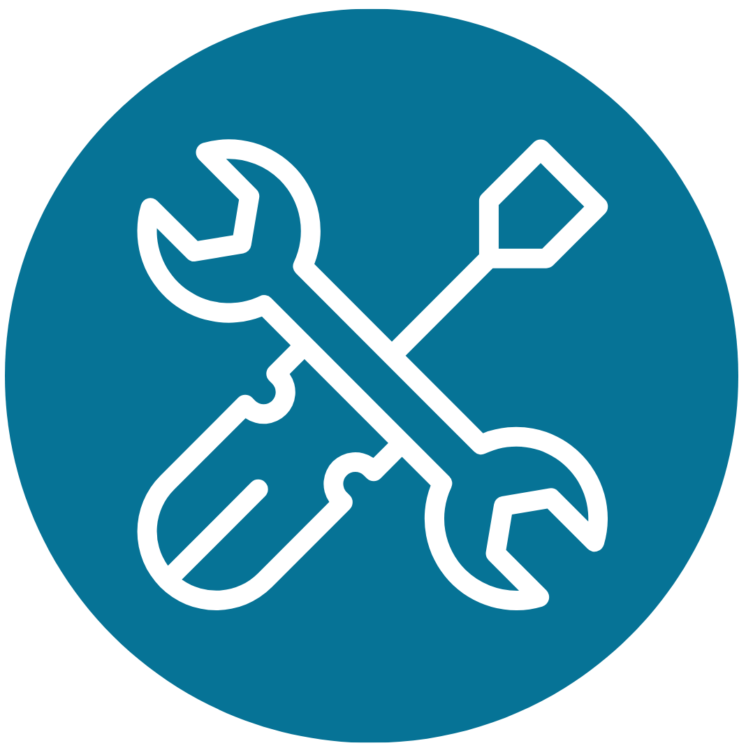 Icon with a wrench and screwdriver crossed over each other on a blue circular background.