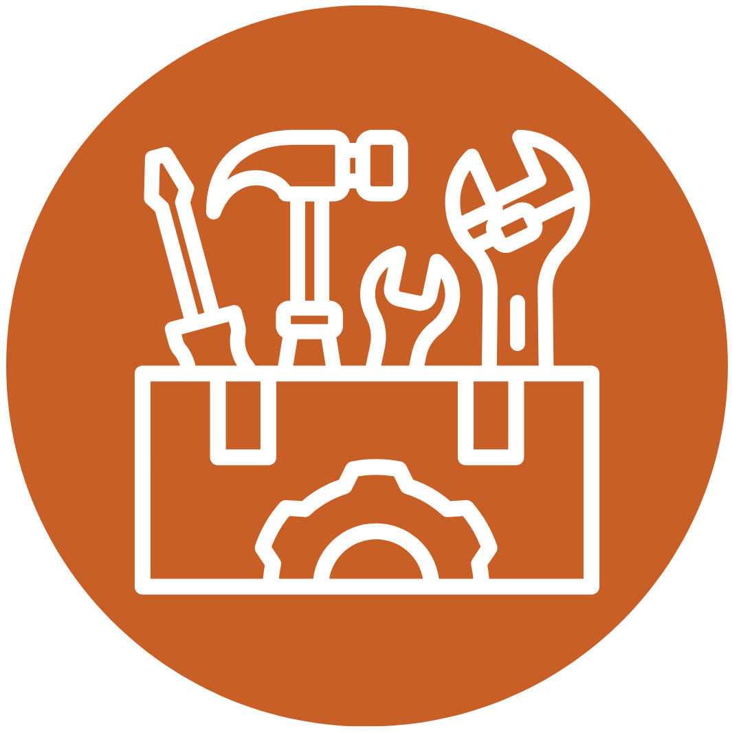 Outline of a toolbox containing tools such as a screwdriver, hammer, wrench, and pliers on an orange circular background.