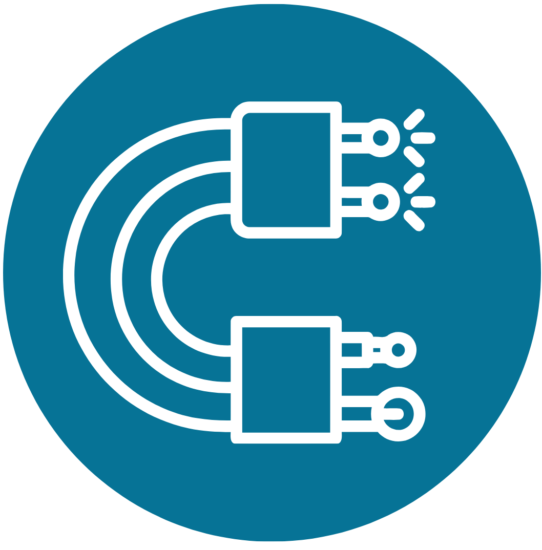 Icon of a power strip with two cords plugged in, emitting light signals, indicating electrical power or connection.
