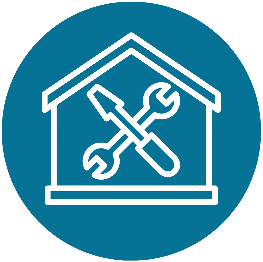 Icon of a house with a screwdriver and wrench crossed inside, representing home repair or maintenance.