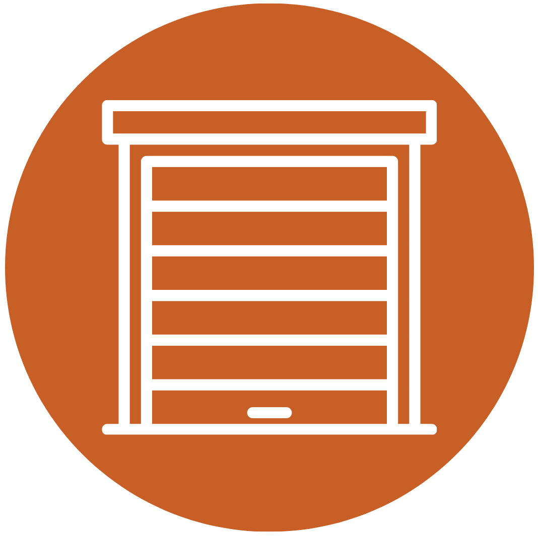 Icon of a closed roller shutter door on a brown circular background.