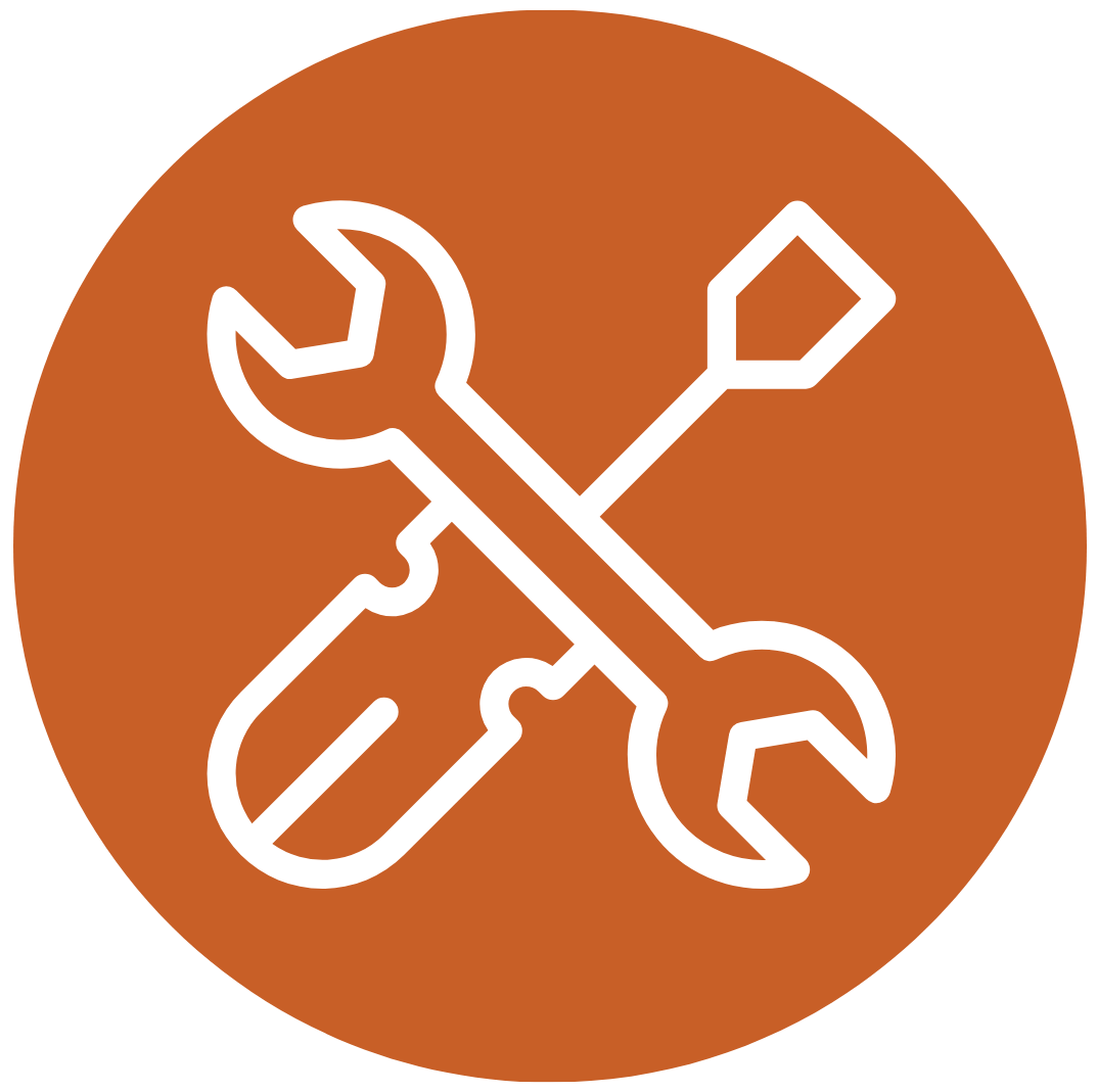 Icon with a wrench and a screwdriver crossed over each other on an orange circular background.