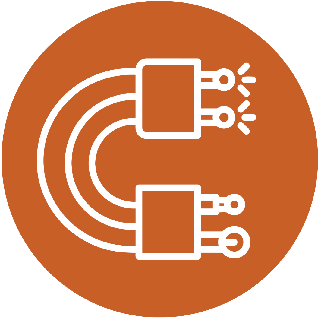 Icon of a horseshoe magnet attracting electrical components on an orange circular background.