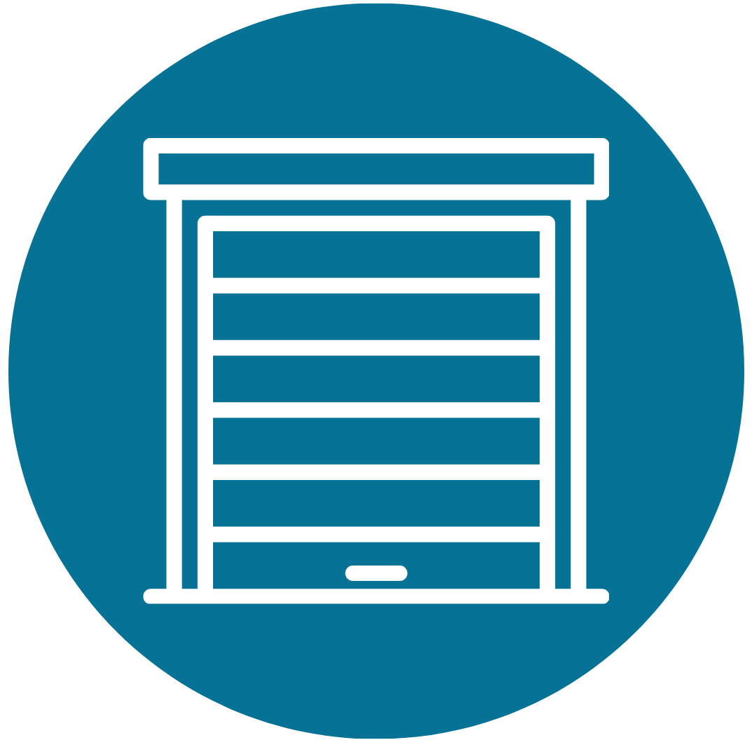 Icon of a closed roller shutter or garage door within a blue circular background.