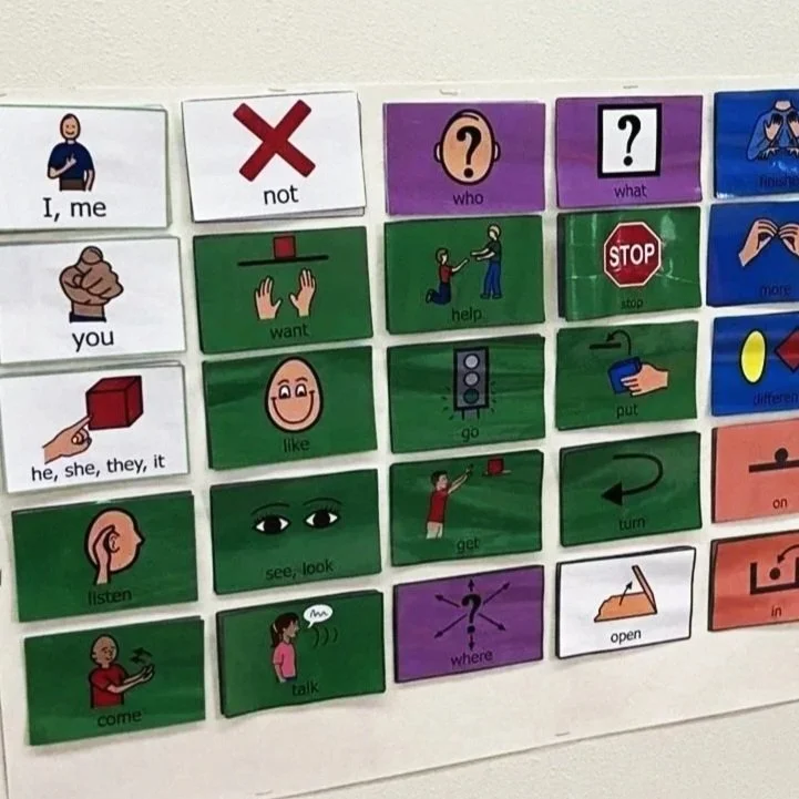 A visual communication chart with pictures and words used for learning, featuring symbols like person pointing, a red cross, a question mark, a stop sign, a hand, a face, eye symbols, a person talking, and icons representing actions like help, go, put, turn, open, in, and more.